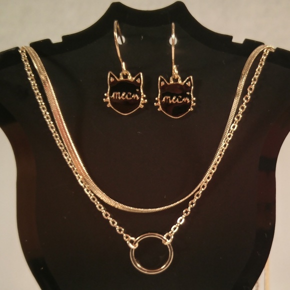 Necklace earring set gold simple 2-strand ring cat - Picture 1 of 3